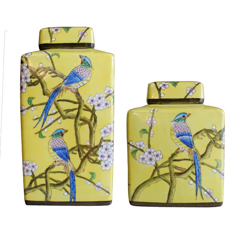 四方罐花瓶创意家居装饰品客厅电视柜玄关美式摆件陶瓷粉彩储物罐