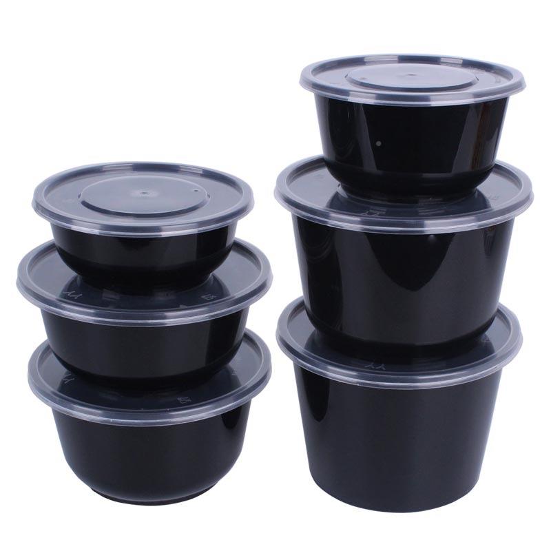 一次性塑UXB料碗PP圆快形汤碗带盖黑色/盒色白家用外卖餐打包便当