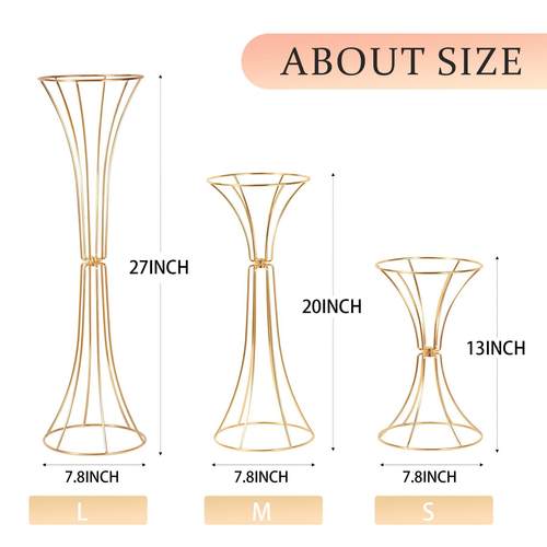 铁艺几何镂空花瓶摆件金色小蛮腰花器婚礼桌摆婚庆道具路引花架