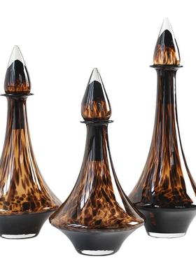 中古创意豹纹玻璃花瓶摆件复古高级样板房桌面门店软装设计摆件