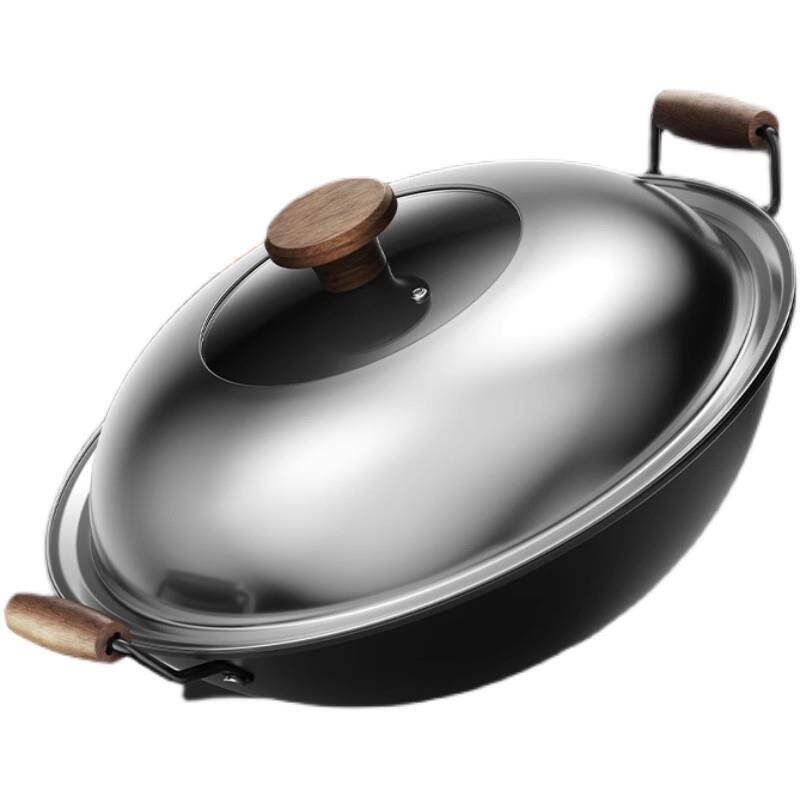 铁锅不粘锅家用双耳炒锅无涂层大号炒菜锅燃气电磁炉通用熟铁锅