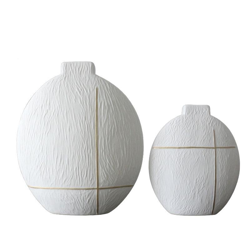 北欧手工家居白色陶花瓷大花计瓶扁圆玄关厅FJF插花大号客器设师