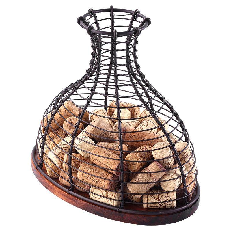 实木红酒塞收纳篮铁艺欧式商用酒店葡萄酒橡木塞收集篮