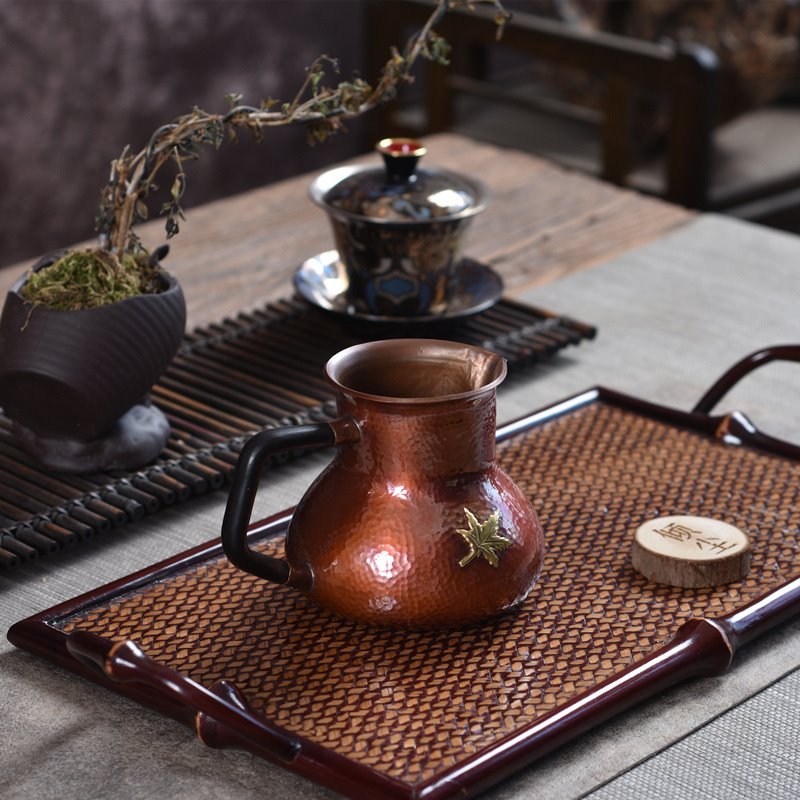 一叶知秋公道杯 紫铜分茶杯 手工锤纹茶海分茶器侧把纯铜公道杯