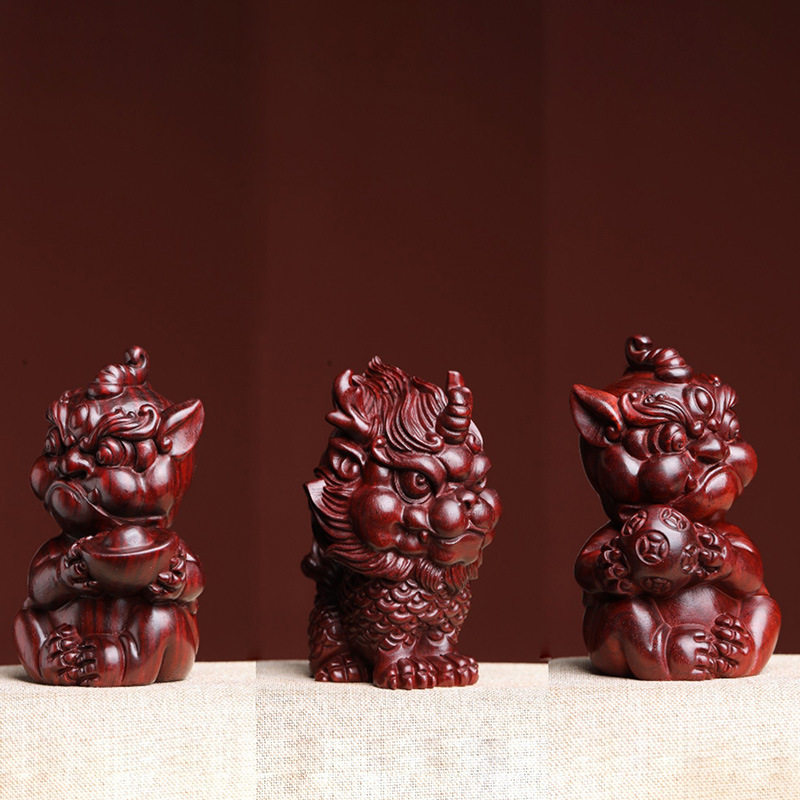 小叶紫檀神兽吉祥三宝瑞兽新款麒麟手把件摆件木雕汽车中控装饰品
