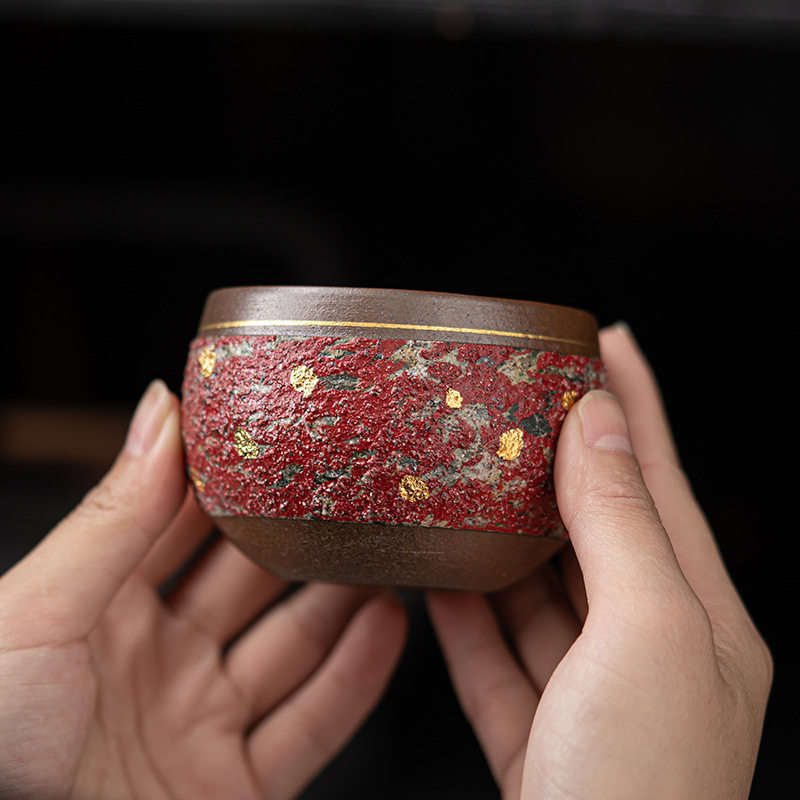 岩矿彩陶描金禅定杯 手工大号主人杯品茗杯 粗陶复古单杯茶杯茶礼