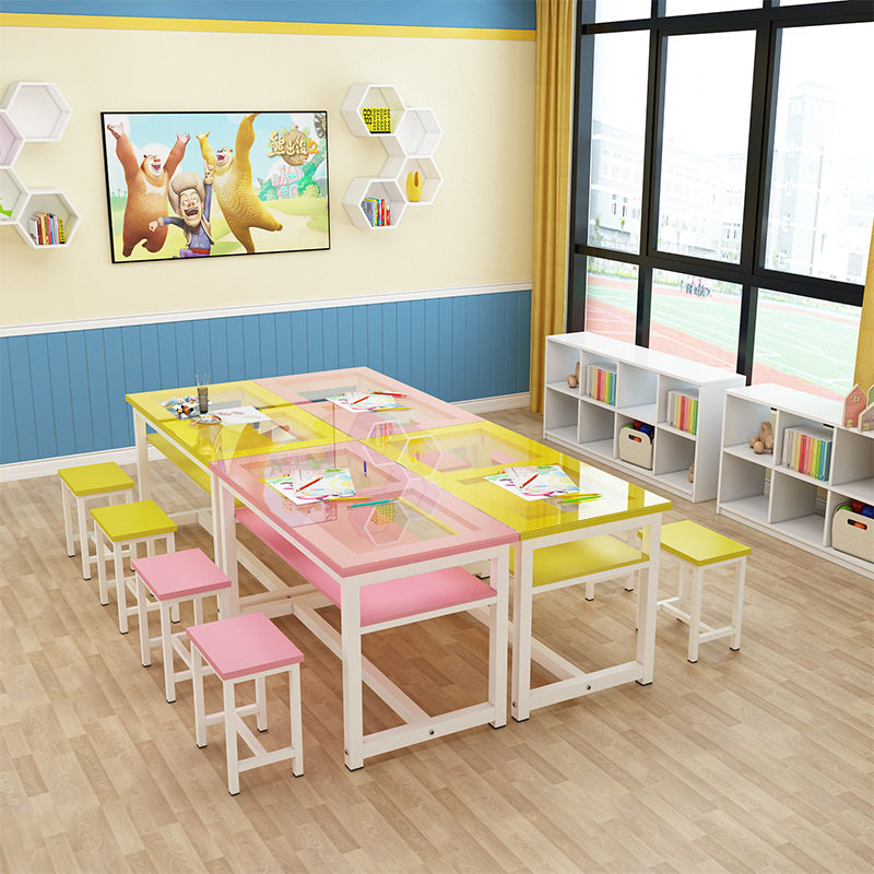 小学生课桌椅双层玻璃美术桌绘画桌儿童辅导班培训桌幼儿园学习桌