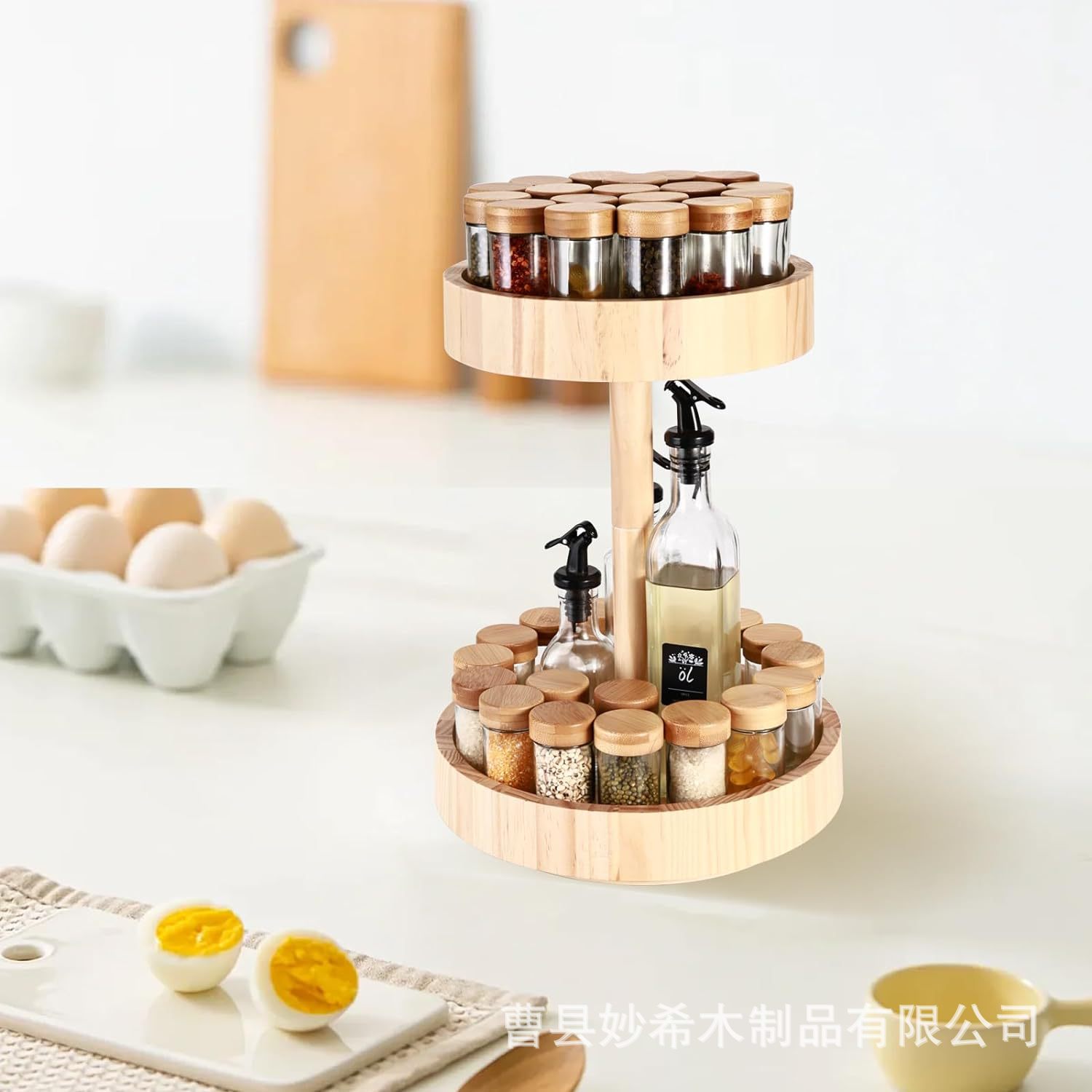 木质转盘调味架厨房台面双层香料架工作台整理架可旋转实木置物架