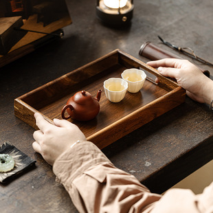 明泉茶斋胡桃木长方茶盘家用实木奉茶盘创意简约茶具茶杯收纳盘