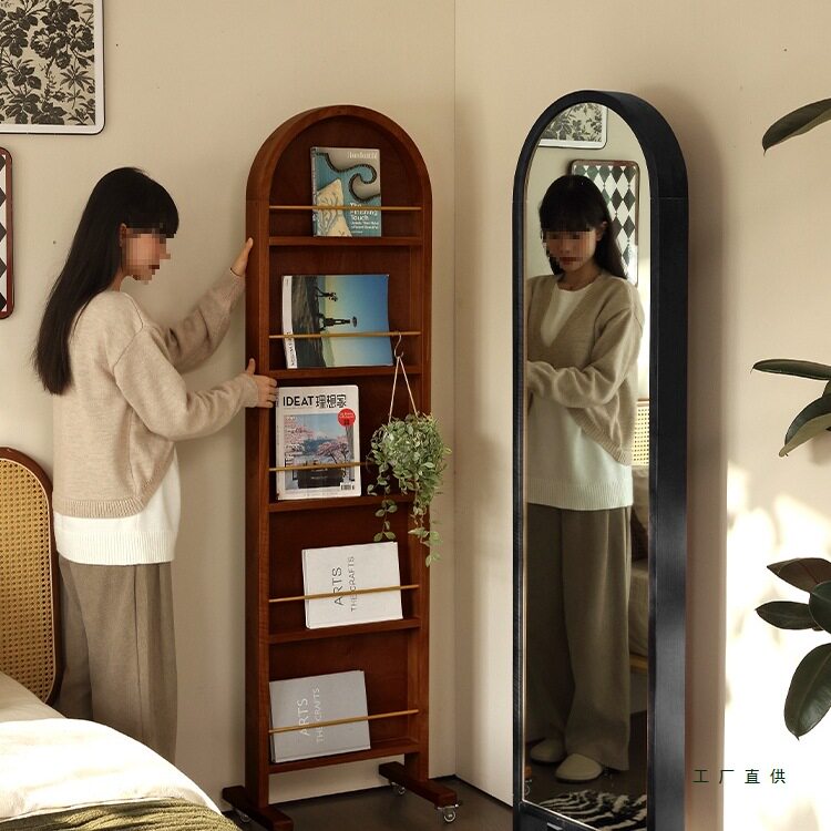 复中古风全身镜可移动穿衣镜子落地旋转书架杂志一体法式木家用具