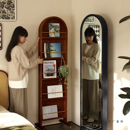 复中古风全身镜可移动穿衣镜子落地旋转书架杂志一体法式木家用具