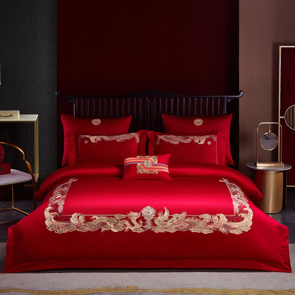 悠仙居家纺婚庆四件套结婚大红床单刺绣婚房喜被婚嫁新婚床上用品