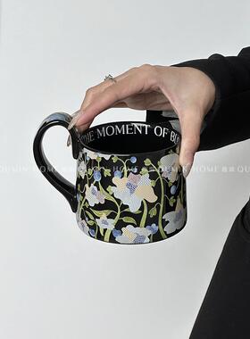 Sanq复古白色鸢尾马克杯陶瓷水杯咖啡杯子情侣杯小众创意礼物