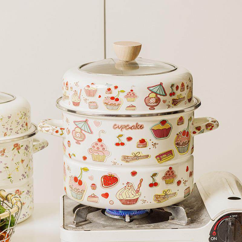 搪瓷蒸锅煮一体珐琅多二层家用燃气灶专用高盖小型家用加厚24cm28