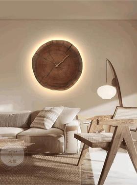 侘寂原木风客厅装饰画年轮餐厅钟表挂钟沙发背景墙挂画带led壁灯