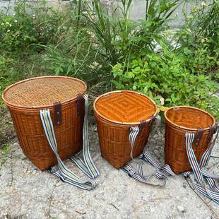 背篓竹编双肩舞蹈道具古风民族特色竹筐买菜采摘背篼箩筐带盖竹篓