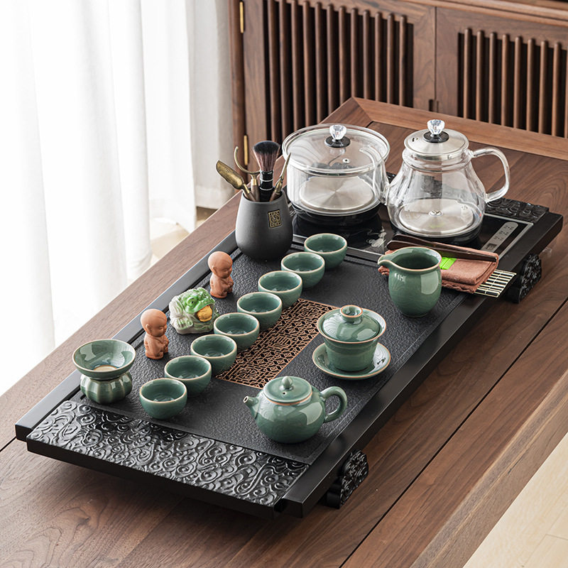 茶具套装家用一体茶台石材实木结合茶盘四合一玻璃烧水壶功夫泡茶