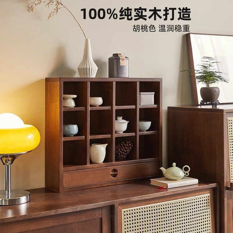 实木桌上置物架简易客厅桌面杯架手办收纳靠墙家用茶具格子展示柜