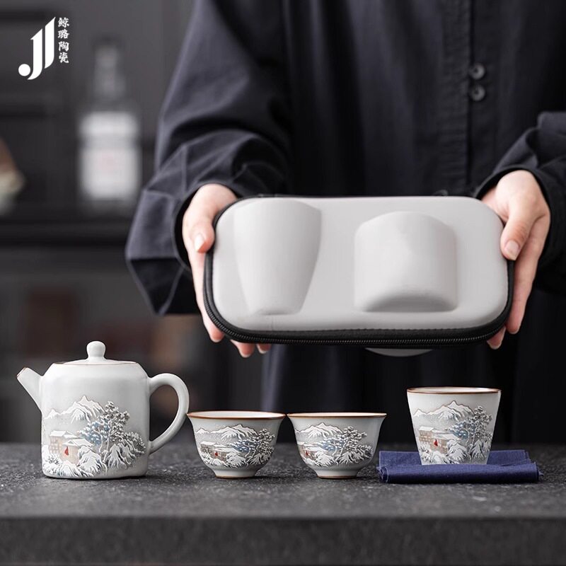 仿宋汝窑旅行茶具套装陶瓷开片可养快客杯国风车载旅游泡茶器套组