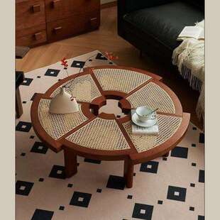 藤编圆形茶几休闲民宿设计师家具北欧网红创意客厅日式实木边几
