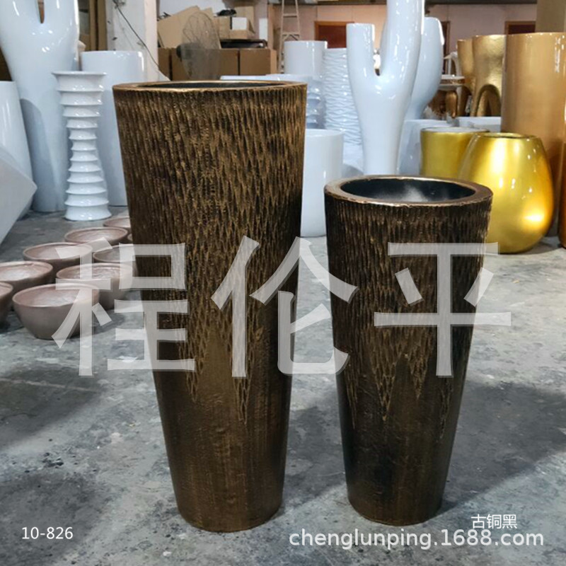家居新款上市玻璃钢落地大花瓶直筒复古花盆商场酒店插花装饰花器