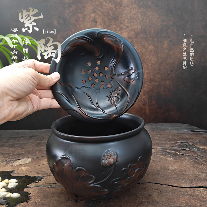 紫陶复古水盂茶洗建水茶渣分离废水缸家用大号粗陶过滤茶水茶渣缸