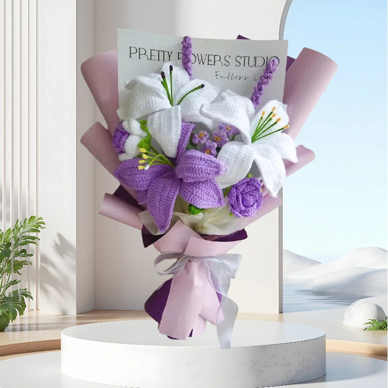 外贸跨境百合针织花束毛线仿真假花手工钩织送男女友闺蜜生日礼物