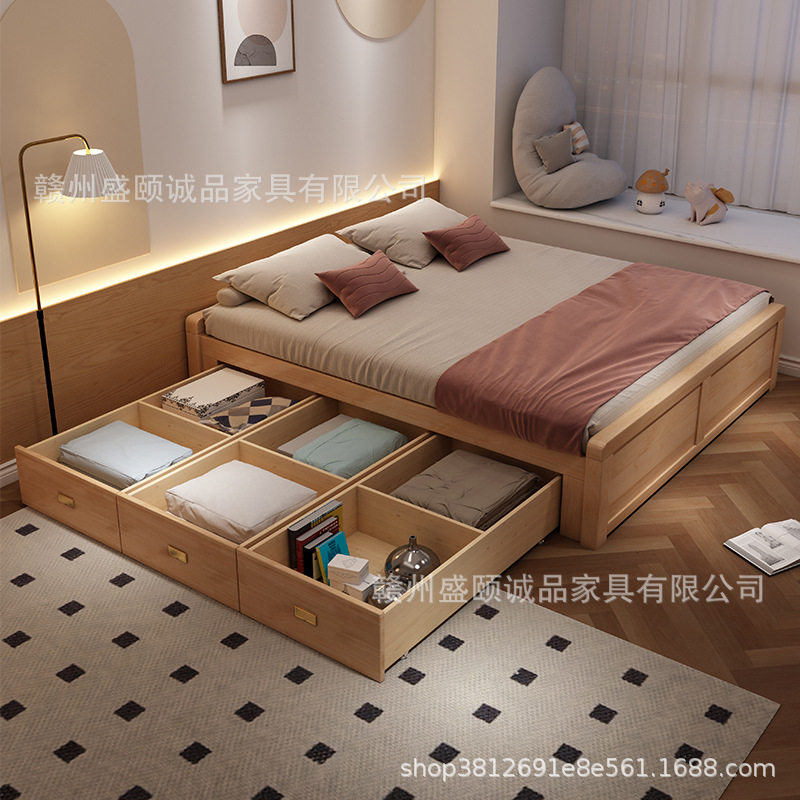 全实木榻榻米省空间无床头无靠背小户型抽拉床抽屉储物高箱带拖床