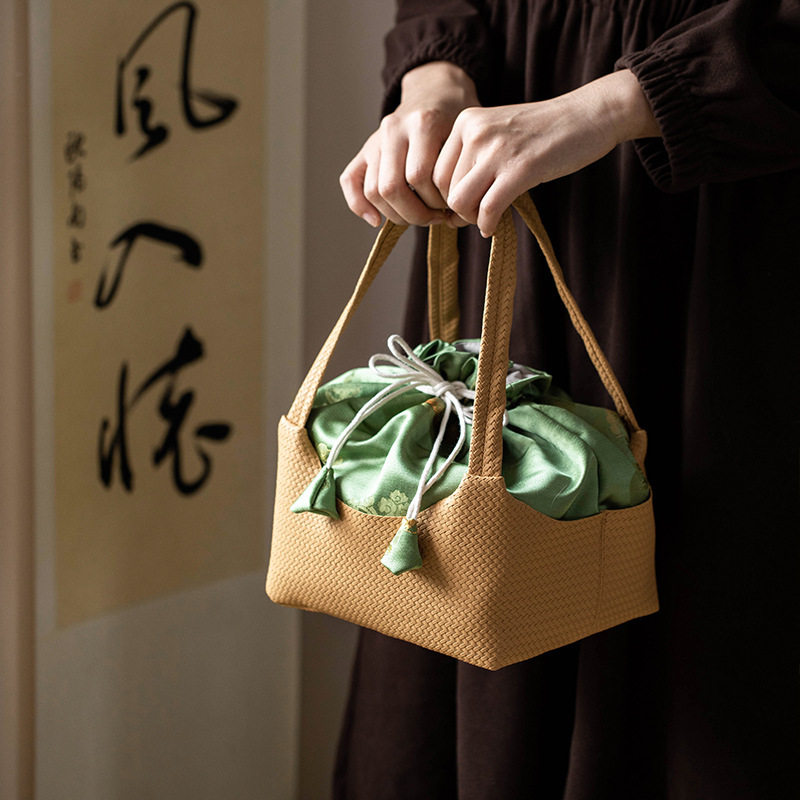 旅行茶具收纳包便携式大容量外出携带包编织纹加厚国风户外收纳袋
