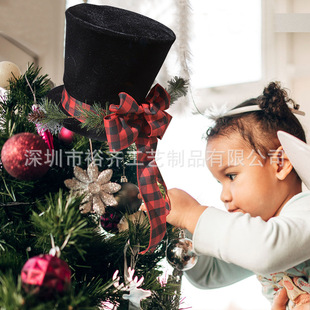 跨境现货圣诞树顶星红色蝴蝶结黑色礼帽可压缩绅士帽节日派对挂件