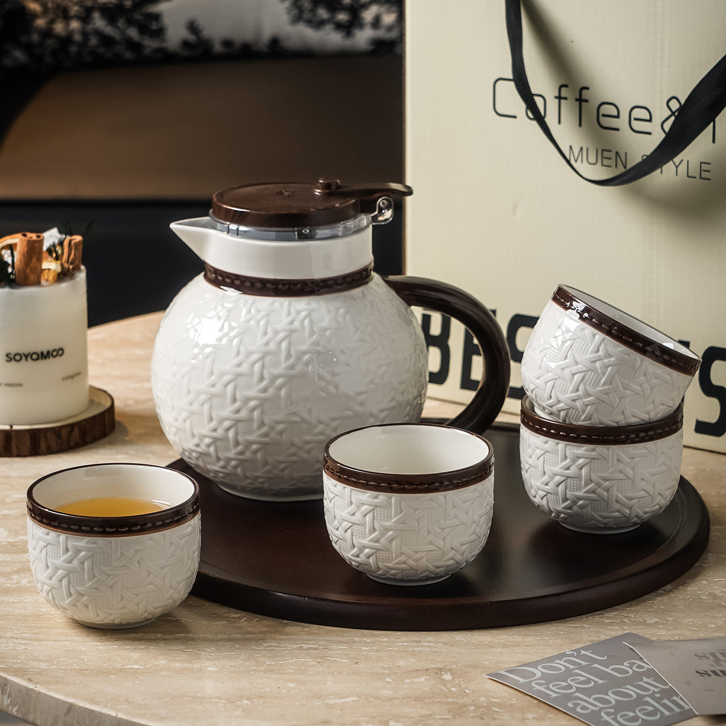 批发陶瓷茶具套装家用酒店民宿编织纹茶壶茶杯带木托盘带茶滤水具