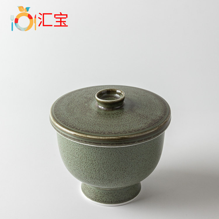 圆形盅小面盅陶瓷盅厚底防烫盅小盅创意盅两件套绿瓷碗带盖餐具