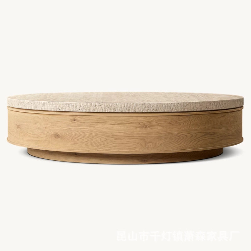 RH美式客厅高端实木茶几现代洞洞石圆形复古橡木咖啡桌家具