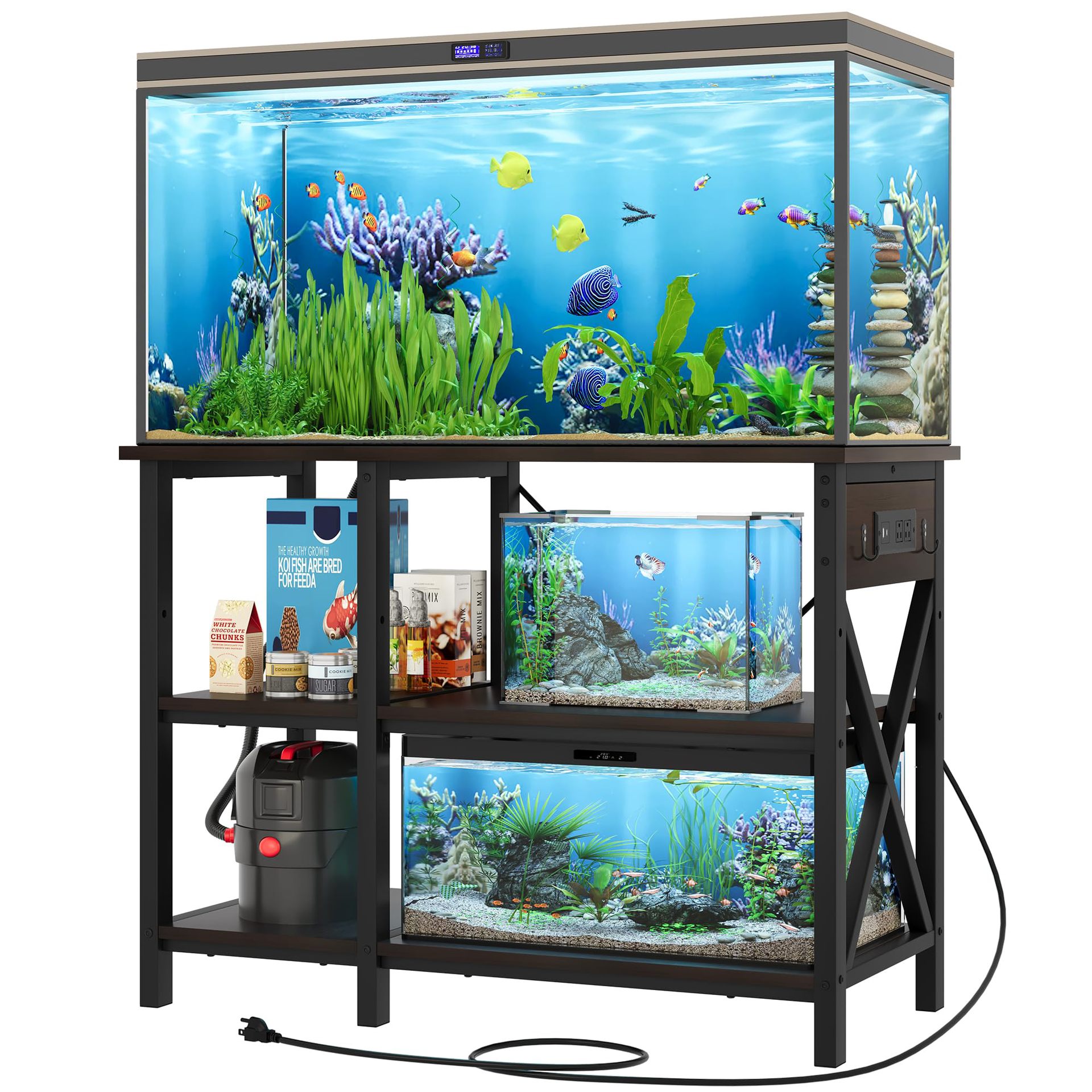 跨境铁艺金属材质水族箱架鱼缸架带3层可调节储物架黑色鱼缸架子