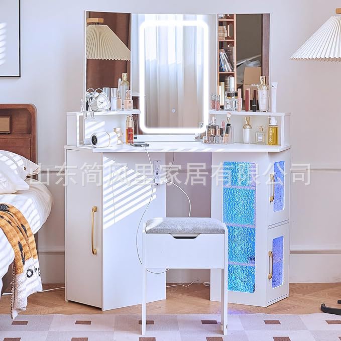 卧室白色多功能梳妆台带储物凳,带镜子和灯光带充电站
