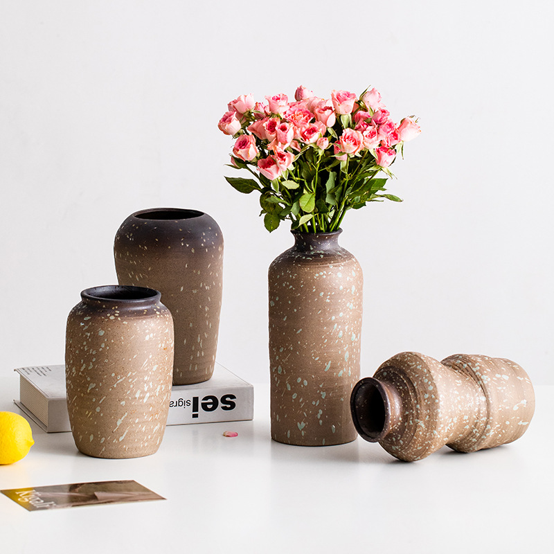 蜀门复古粗陶陶罐坛子大口陶瓷装饰干花鲜花花瓶客厅民宿插花摆件