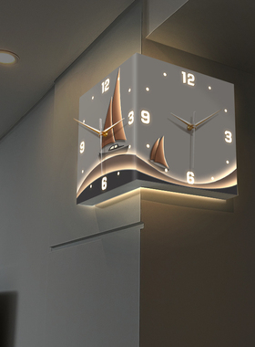 一帆风顺双面转角挂钟客厅免打孔创意Eled时钟表挂墙静音拐角壁钟