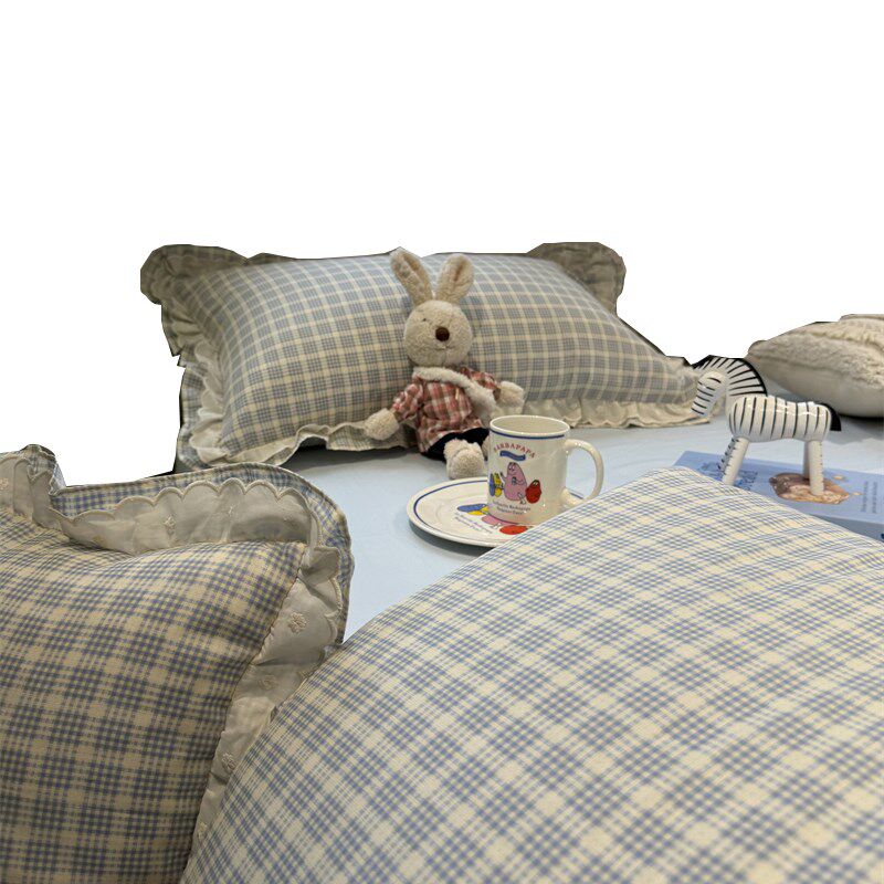 韩系简约双花边双层纱蓝方格夏凉被四件套超舒适柔软空调薄被子