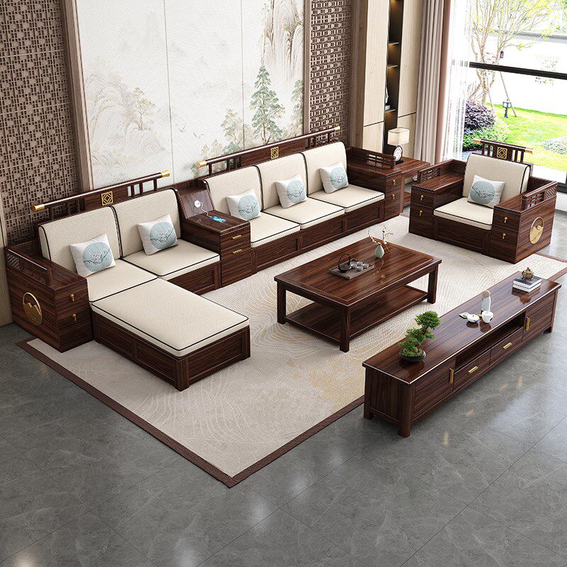 新中式乌金木实木沙发组合客厅大小户型冬夏两用全套贵妃储物家俱