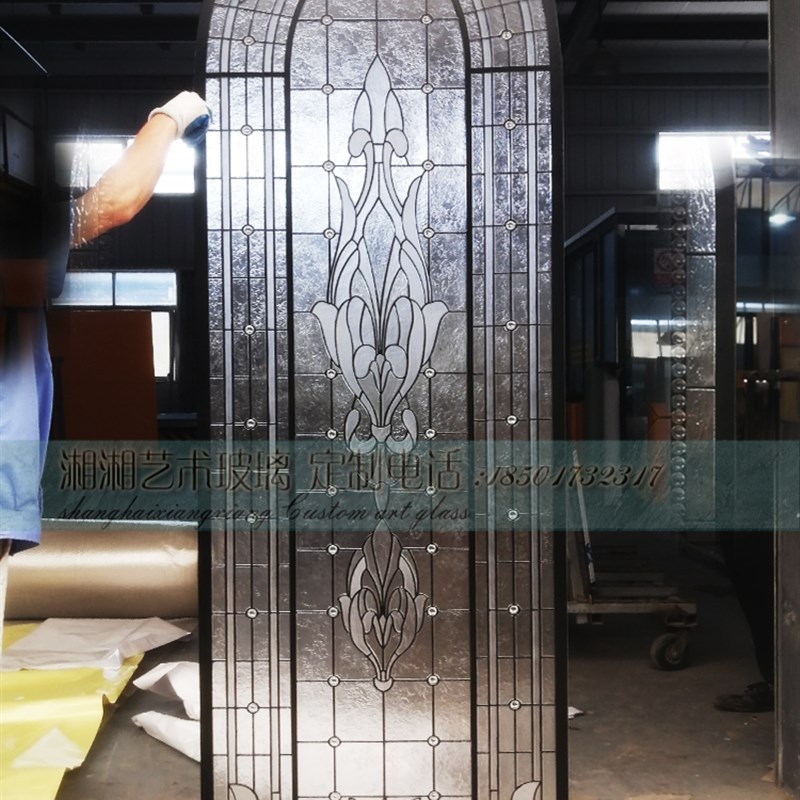 定制入户客厅屏风欧式风格法式y中式钢化艺术玻璃透光贴片双面效