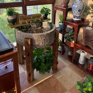 老石槽石磨流水石盆养鱼石头鱼缸养花石盆竹子流水器室内水晶观池