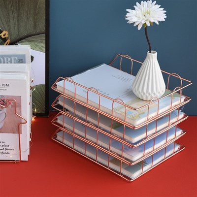 创意可叠加铁网文件筐铁艺玫瑰金文件架子置物架办公家居桌面收纳