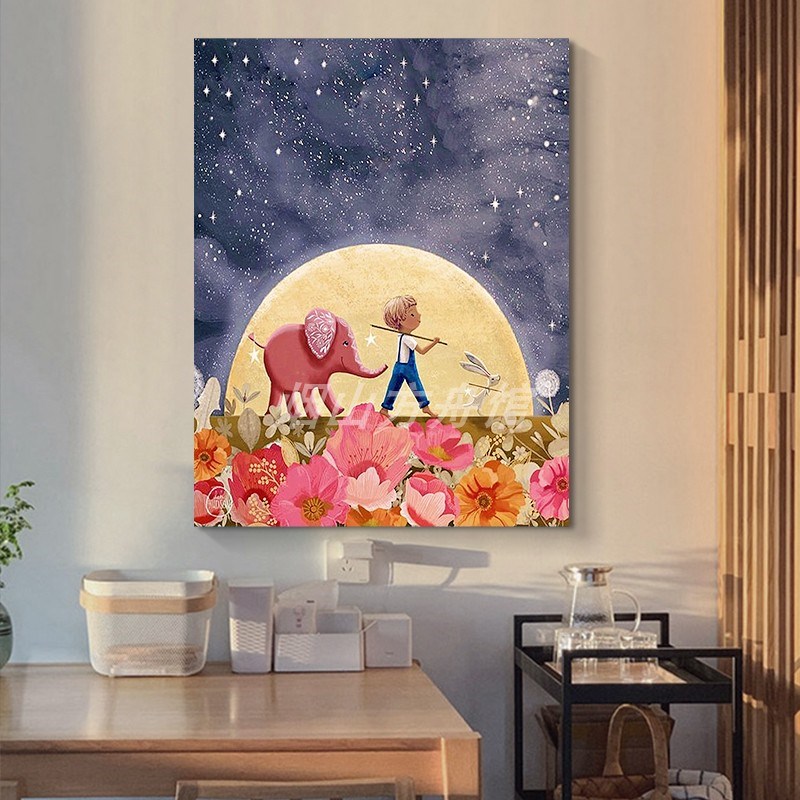 玄关卡通动物装饰画客厅抽象艺术手绘油画治愈系R星空风景小众挂图片