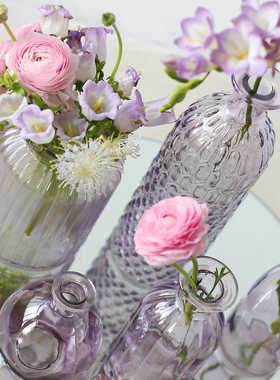 法式浪漫紫色三角形浮雕玻璃花瓶小清新民宿软装复古轻奢水培花器