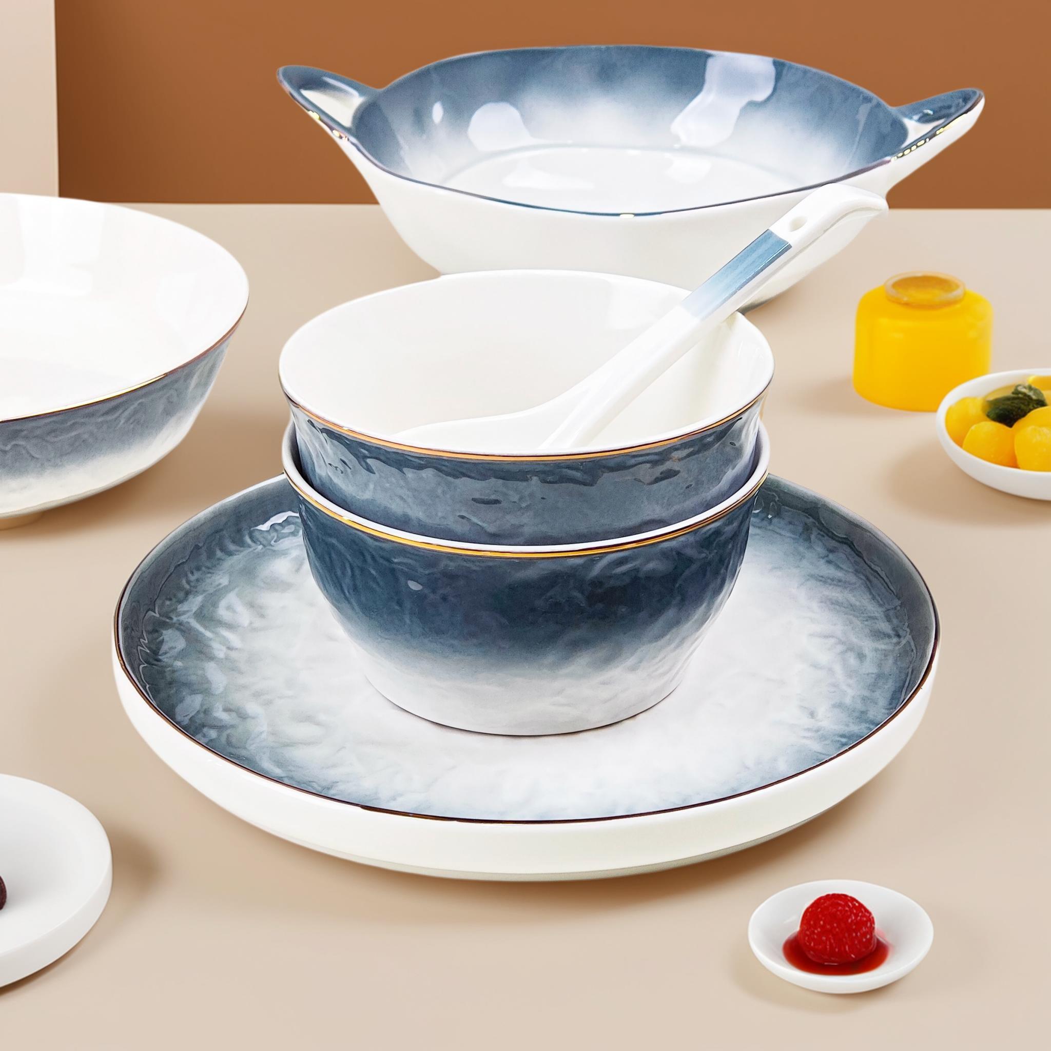 雅诚德陶瓷碗乔迁新盘子碗碟套装轻奢家用盘子新款餐具水波石墨碗