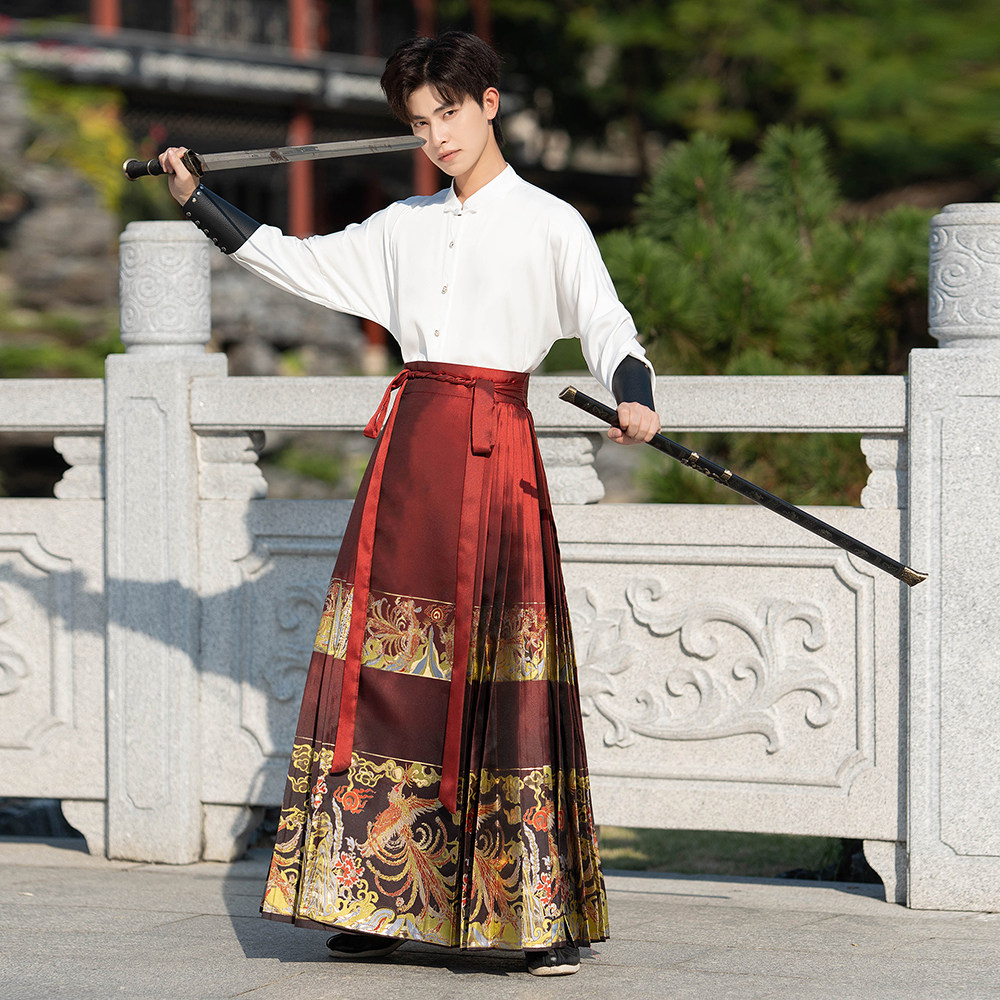 고대 중국 스타일의 망토 숄 HANFU 말 얼굴 스커트가 있는 새로운 중국 스타일 셔츠 말 얼굴 스커트가 있는 남성 정장 봄과 가을