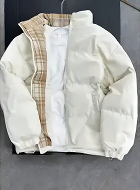 美式潮牌立领棉衣冬季格子拼接加厚保暖棉服青少年外套男女同款