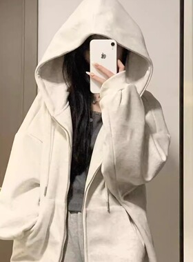 韩系穿搭纯色开衫拉链连帽卫衣加绒加厚男女同款显瘦宽松外套长袖