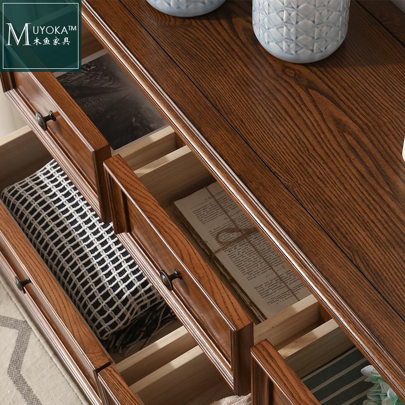 适用木鱼家具美式乡村白蜡木胡桃色实木1.2米七斗柜卧室储物柜