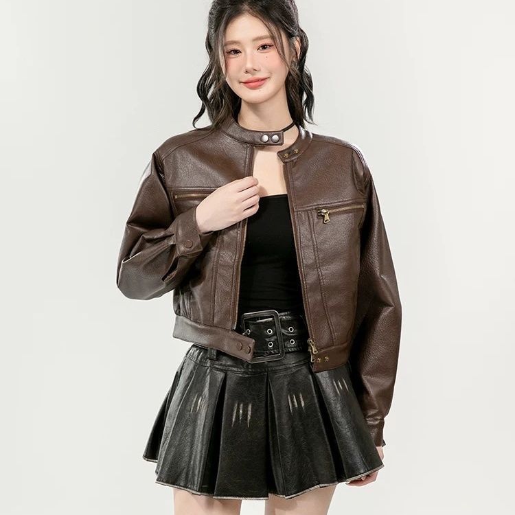 咖啡色皮衣外套女秋冬季2024新款洋气复古高级感港风休闲夹克上衣